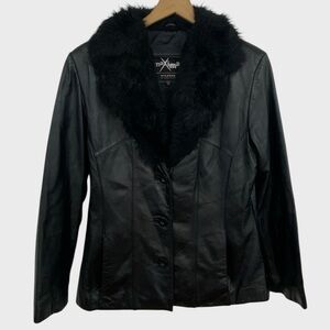 Vintage 90s Y2K Maxima Wilsons Leather Black Short Jacket Faux Fur Trim Medium